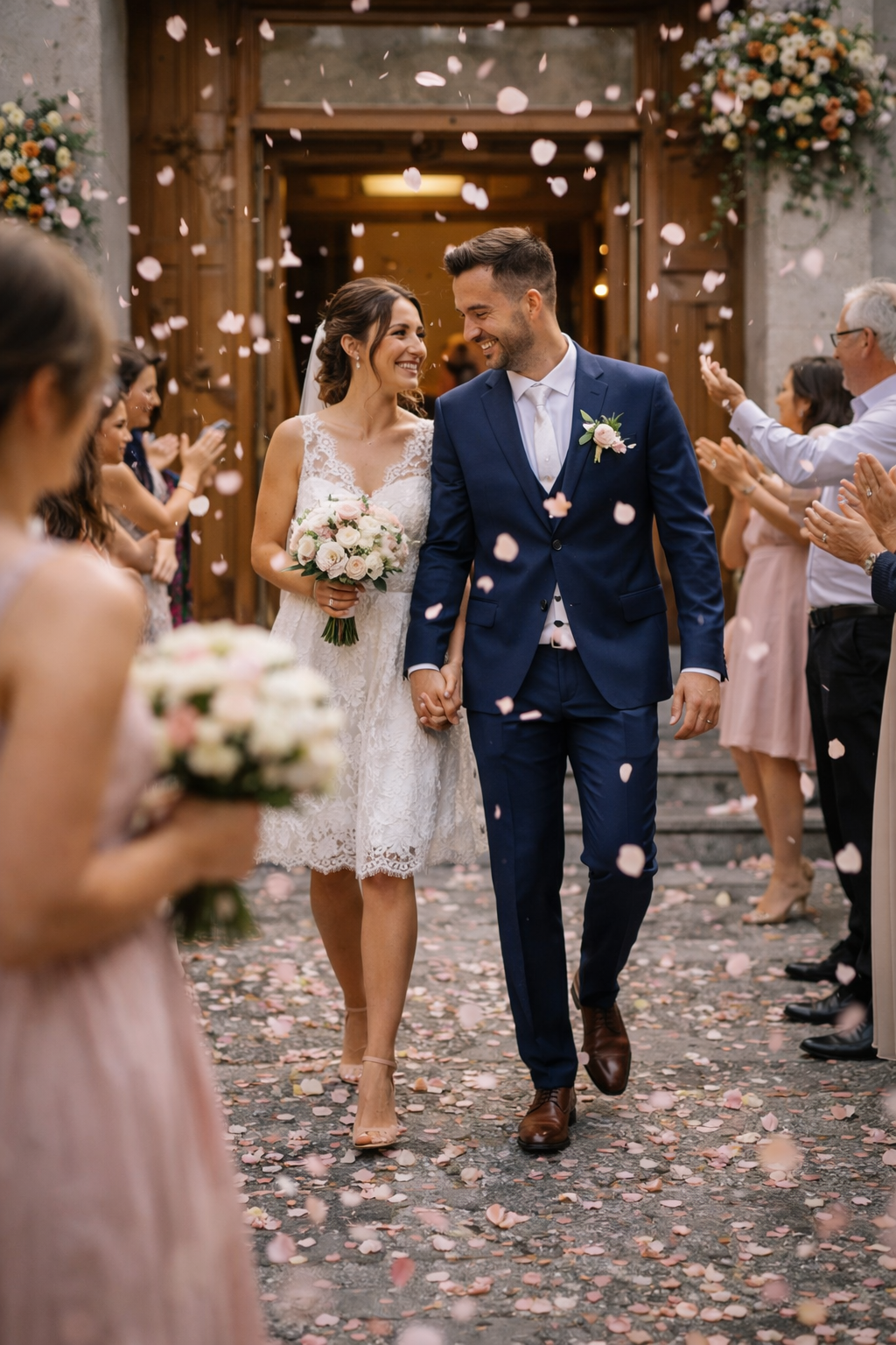 Miri ieșind de la cununia civilă în Iași, înconjurați de invitați și petale de flori, surprinși de fotograf profesionist